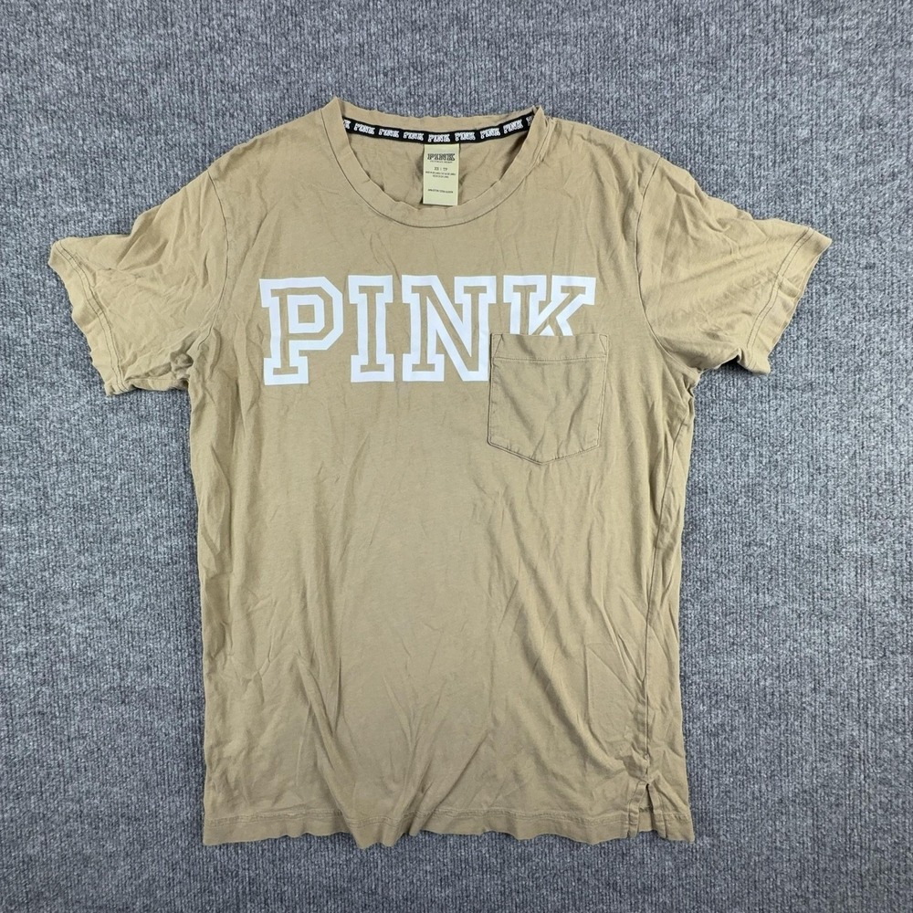 PINK Victoria's Secret Shirt Womens XS Beige Pocket Logo Crew Neck‎ Tee Graphic